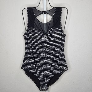 Nip Tuck Swim Black White Stripe Mesh‎ Insert One Piece Swimsuit Size 12